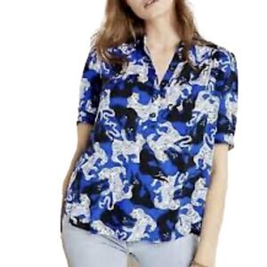 ANTHROPOLOGIE‎ EMILY ISABELLA XS Robina Big Cat Novelty Popover Top Panther